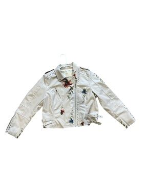 White Floral Embroidered Moto Jacket - Women's